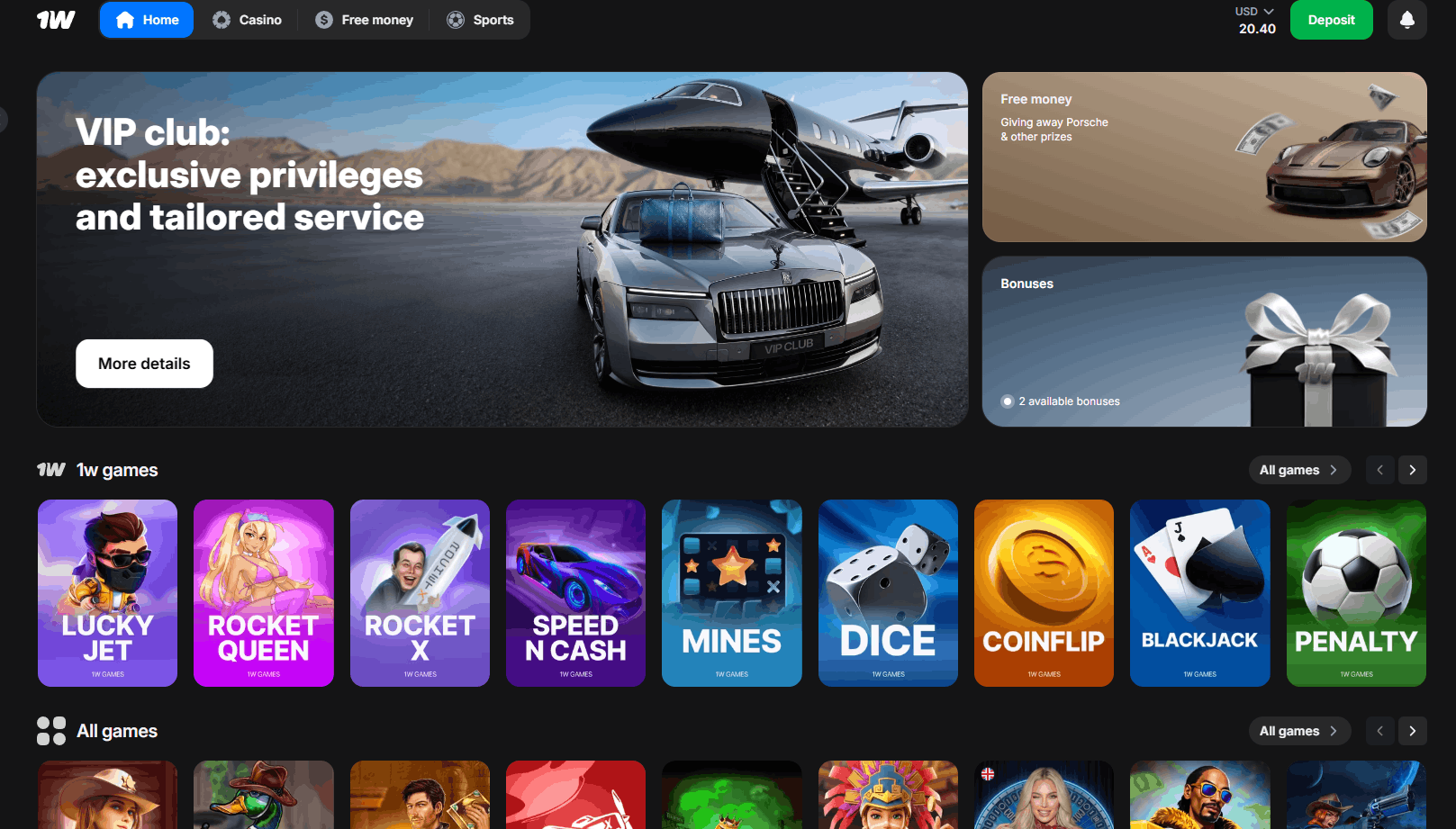 1win Casino – 500% hasta €1.000 + 500 GG y Uncrossable Rush
