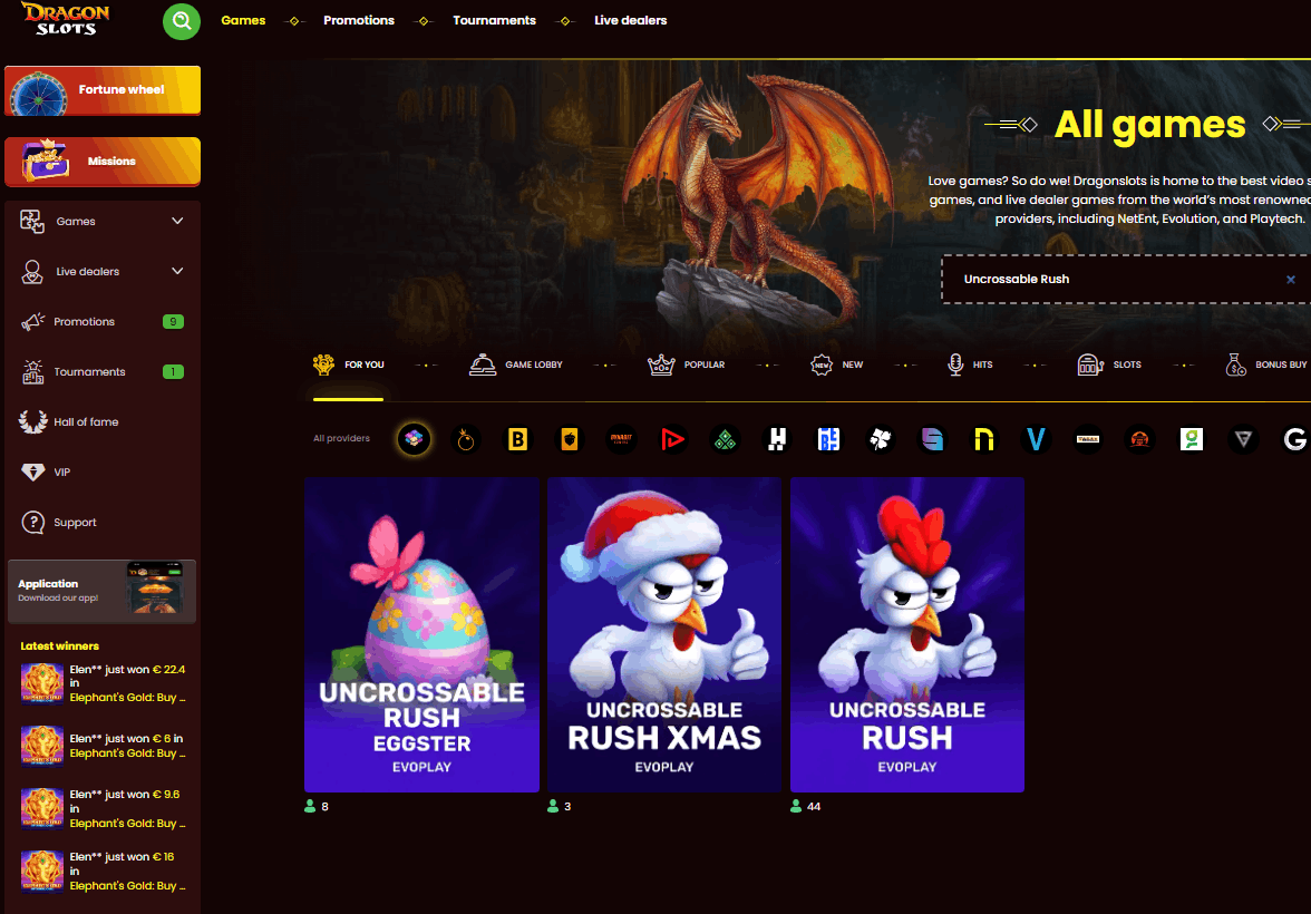 Dragonslots Casino – Paquete de bienvenida 825% + 650 GG y Uncrossable Rush